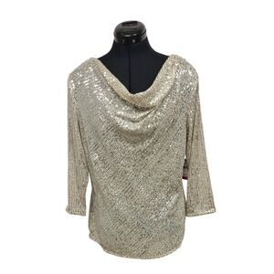 Vince Camuto Sequin Cowl Neck 3/4 Sleeve Top Silver Sparkle Glam L/XL/S